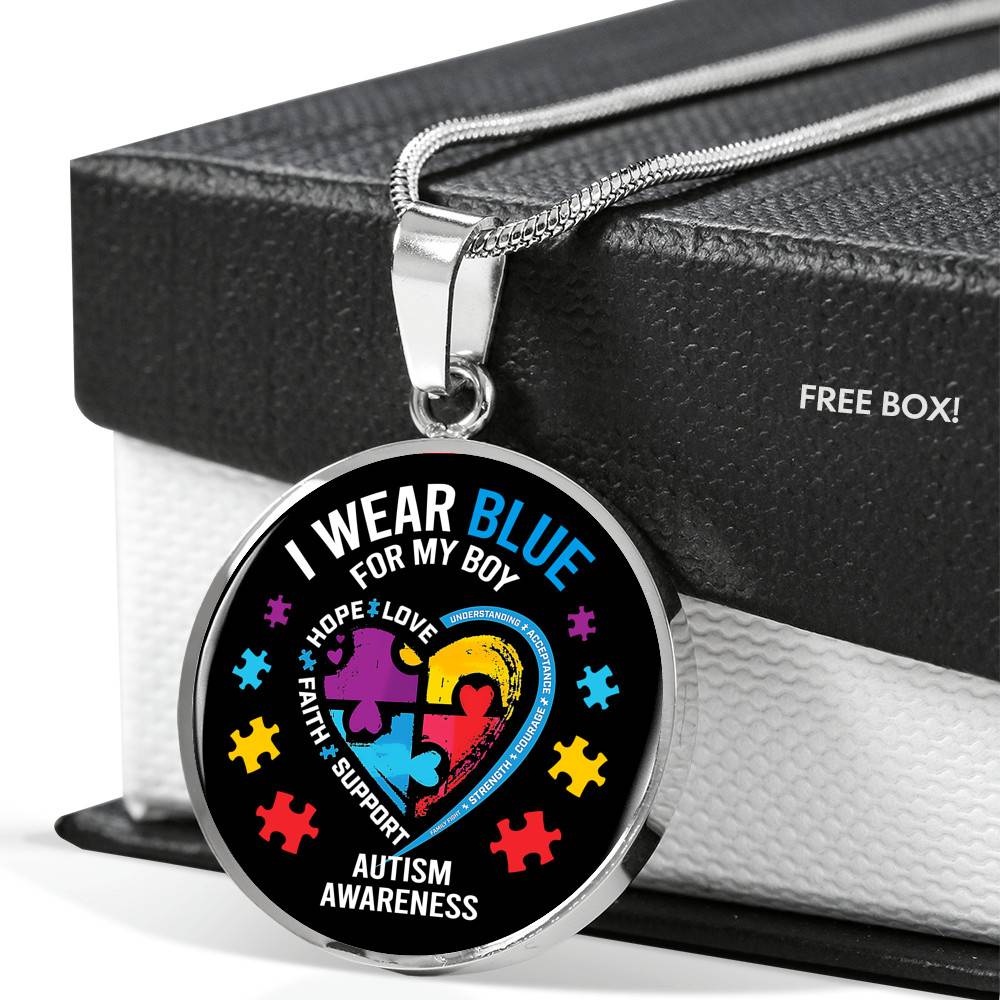 I Wear Blue for My Son Autism Awareness Circle Pendant Necklace - Circle Luxury Necklace (Silver)