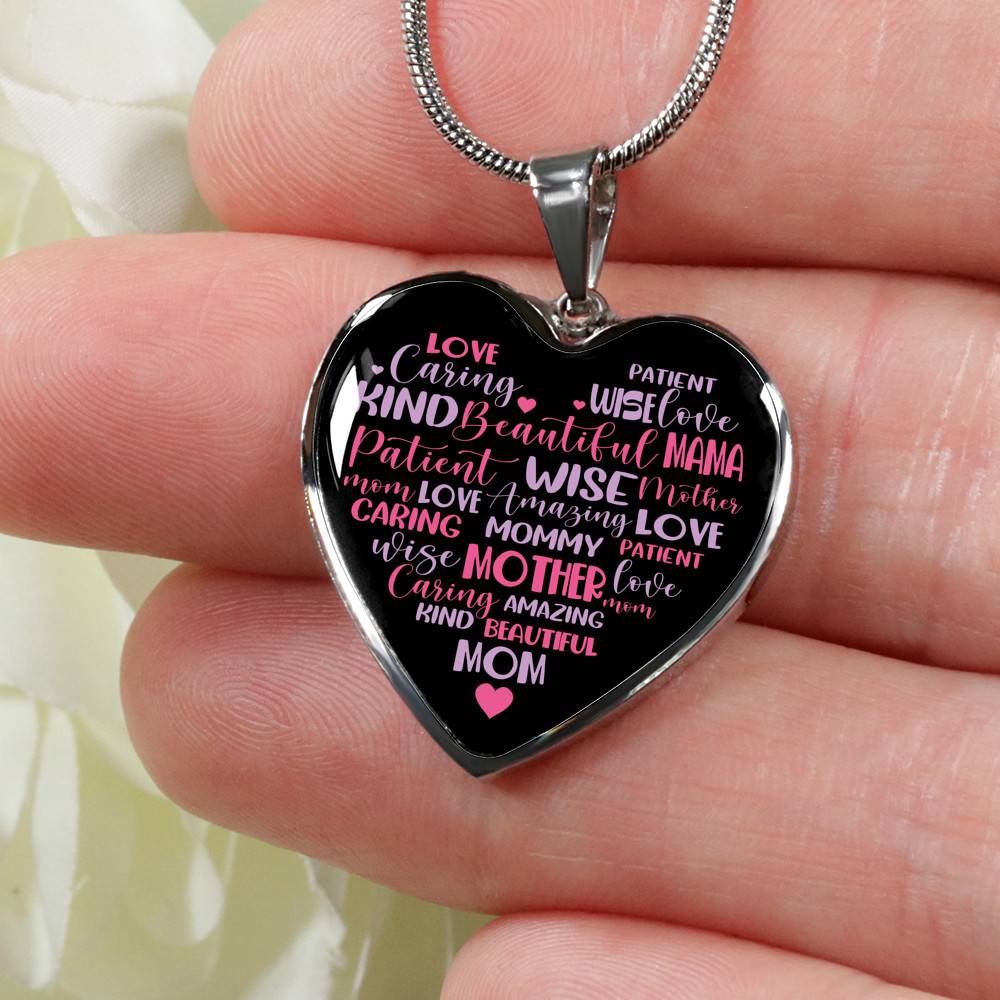 Mother Mommy Heart Words Heart Pendant Necklace - Heart Luxury Necklace (Silver)