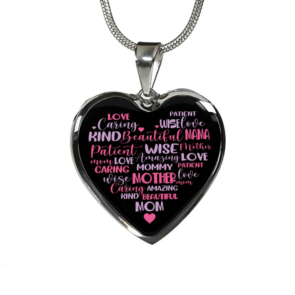 Mother Mommy Heart Words Heart Pendant Necklace - Heart Luxury Necklace (Silver)