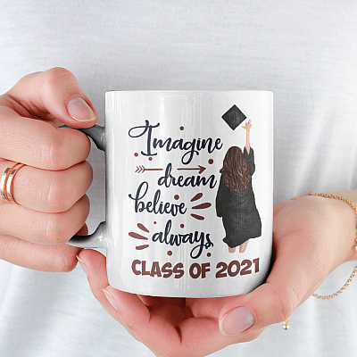 Alternative view of Imagine Dream Believe Always Brown Hair Girl Graduation Ceramic Coffee Mug - Beer Stein - Water Bottle - Color Changing Mug