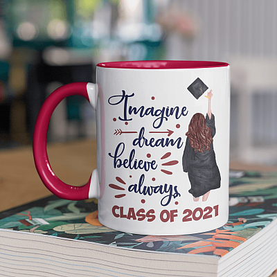 Alternative view of Imagine Dream Believe Always Brown Hair Girl Graduation Accent Mug