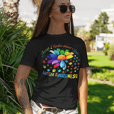 Alternative view of Accept Understand Love Autism Awareness Puzzle Daisy Flower T-shirt - V-neck - Proud Autism Mom Shirt