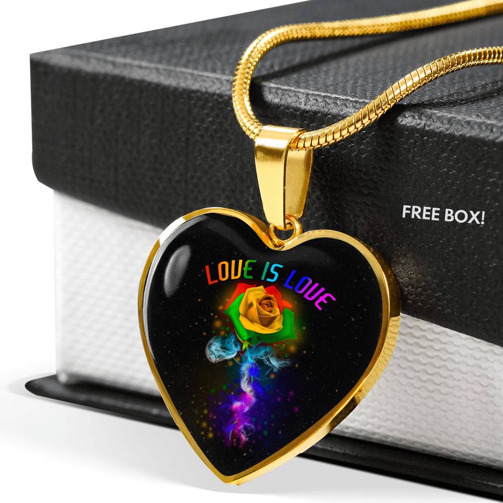 Rainbow Rose Love Is Love LGBT Heart Pendant Necklace - Heart Luxury Necklace (Gold Plated)