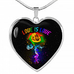Rainbow Rose Love Is Love LGBT Heart Pendant Necklace - Heart Luxury Necklace (Silver)
