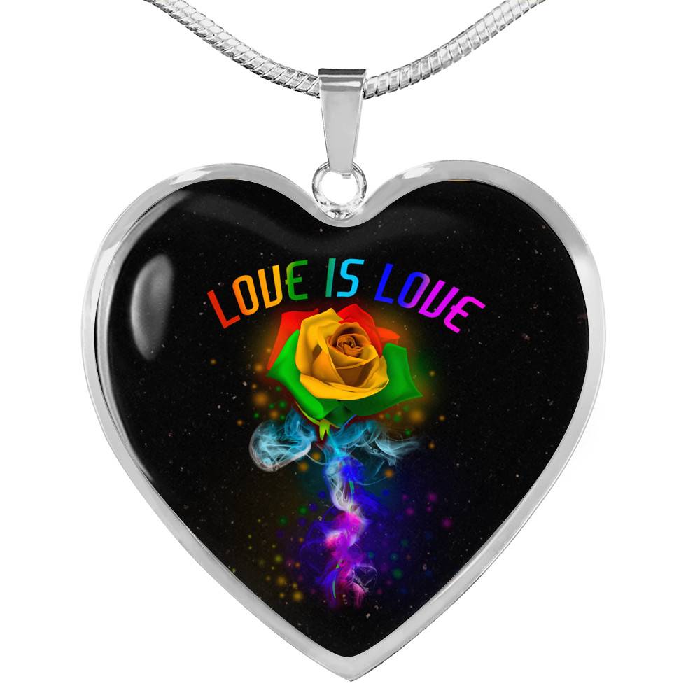 Rainbow Rose Love Is Love LGBT Heart Pendant Necklace - Heart Luxury Necklace (Silver)