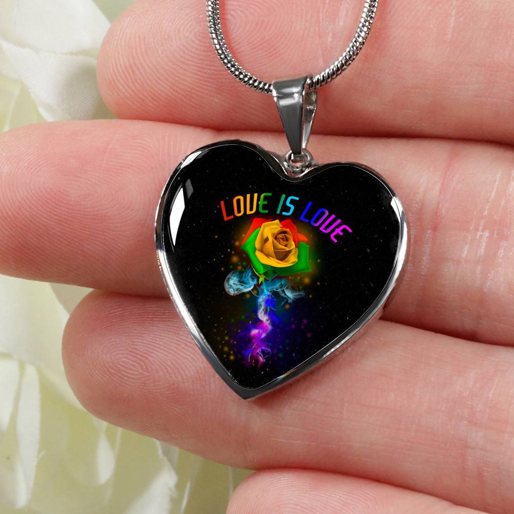 Rainbow Rose Love Is Love LGBT Heart Pendant Necklace - Heart Luxury Necklace (Silver)