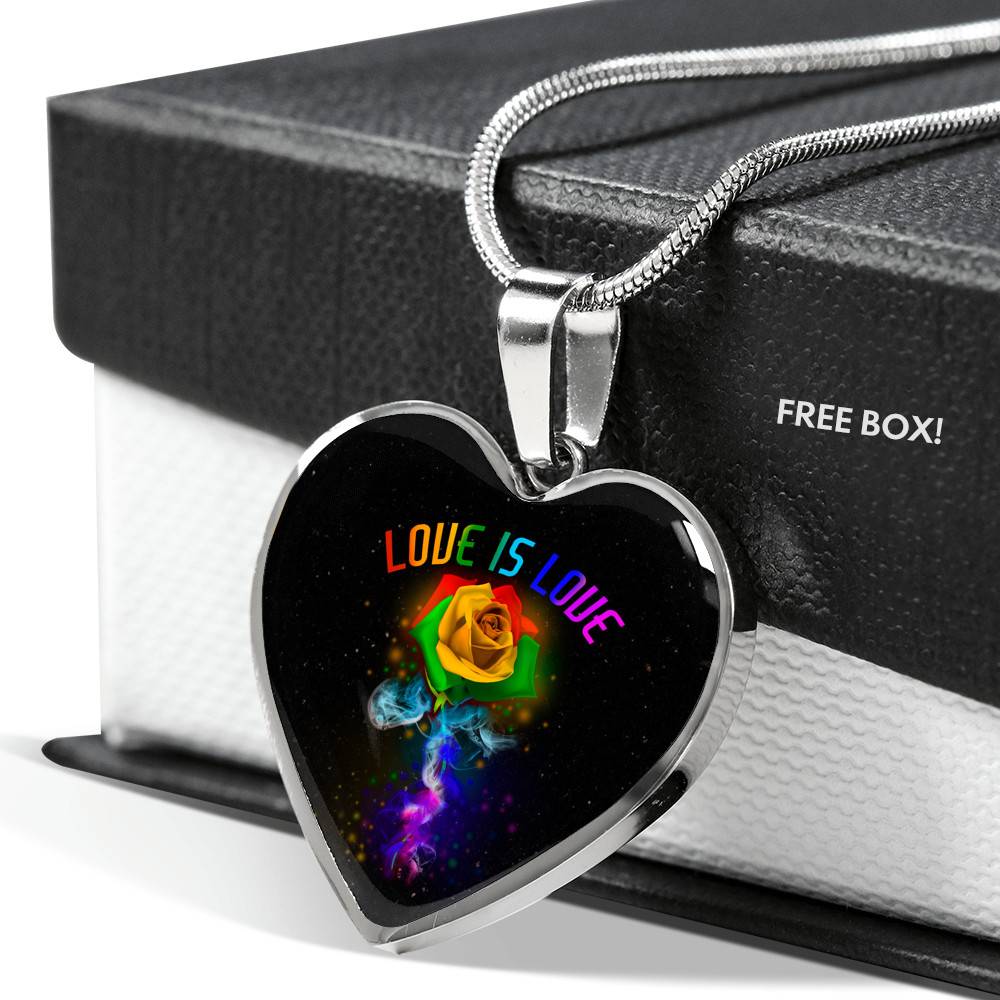Rainbow Rose Love Is Love LGBT Heart Pendant Necklace - Heart Luxury Necklace (Silver)