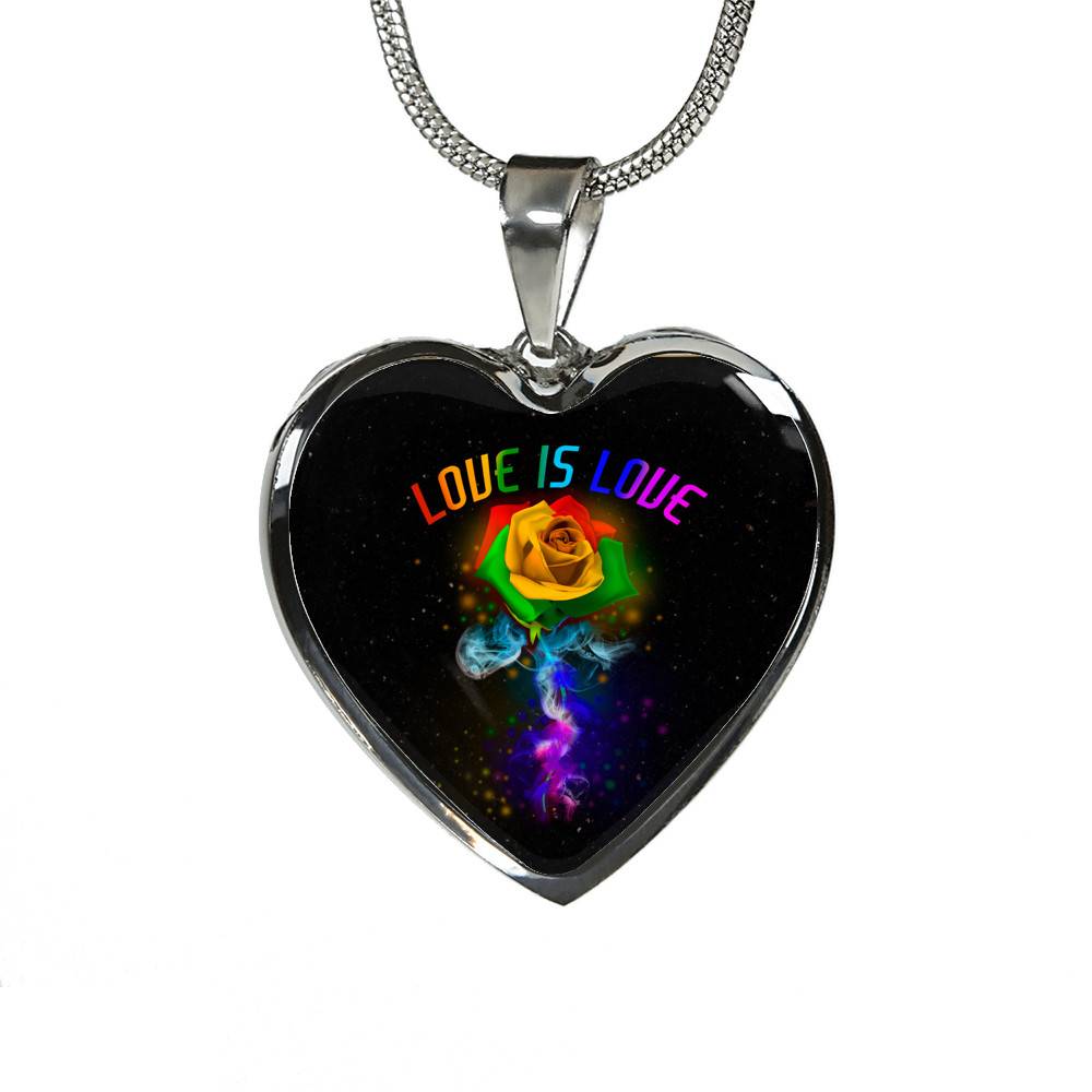 Rainbow Rose Love Is Love LGBT Heart Pendant Necklace - Heart Luxury Necklace (Silver)