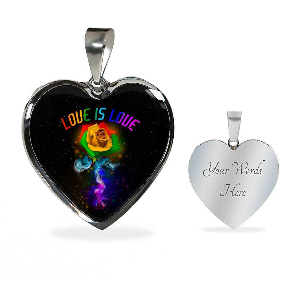 Rainbow Rose Love Is Love LGBT Heart Pendant Necklace - Heart Luxury Necklace (Silver)