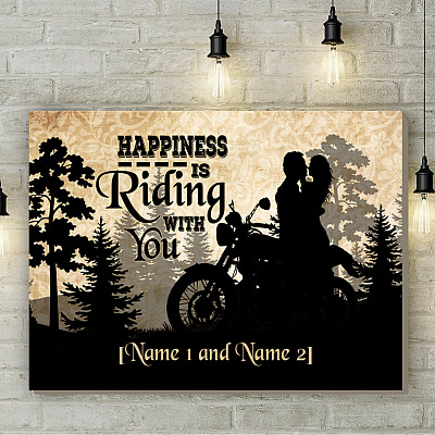 Alternative view of Personalized Motorcycle Lover Couple Framed Canvas - Happiness Is Riding with You Unframed Poster