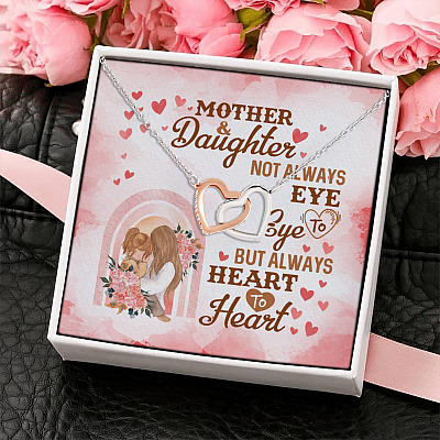 Alternative view of Mother and Daughter Not Always Eye to Eye but Always Heart to Heart Interlocking Hearts Pendant Necklace