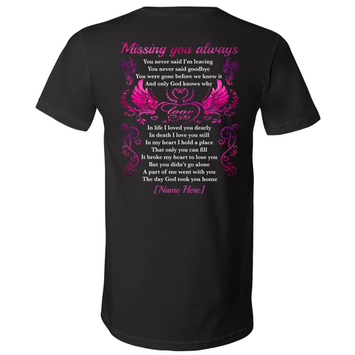 Personalized Wings Missing You Always, Black, V-Neck T-Shirt