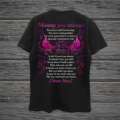 Alternative view of Personalized Wings Missing You Always You Never Said I'm Leaving Memorial Print On Back Only T-shirt - V-neck
