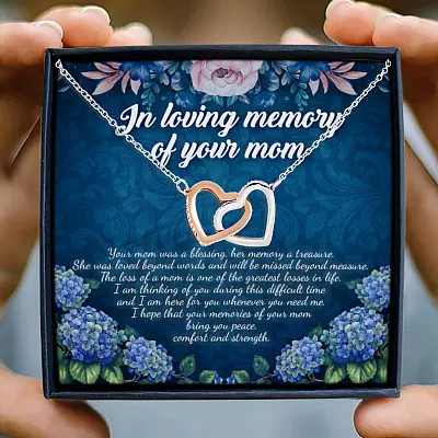 In Loving Memory Of Your Mom Was A Blessing Memorial Remembrance Interlocking Hearts Pendant Necklace
