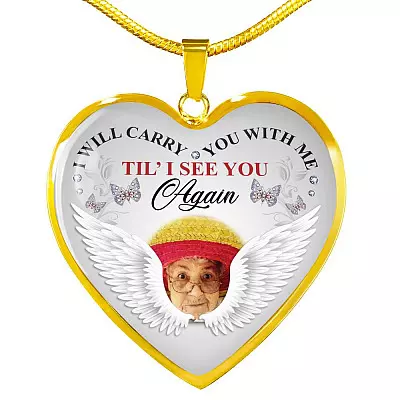 Personalized Photo I Will Carry You With Me Til' I See You Again Butterfly Memorial Luxury Heart Pendant Necklace - Heart Luxury Necklace (Gold Plated)