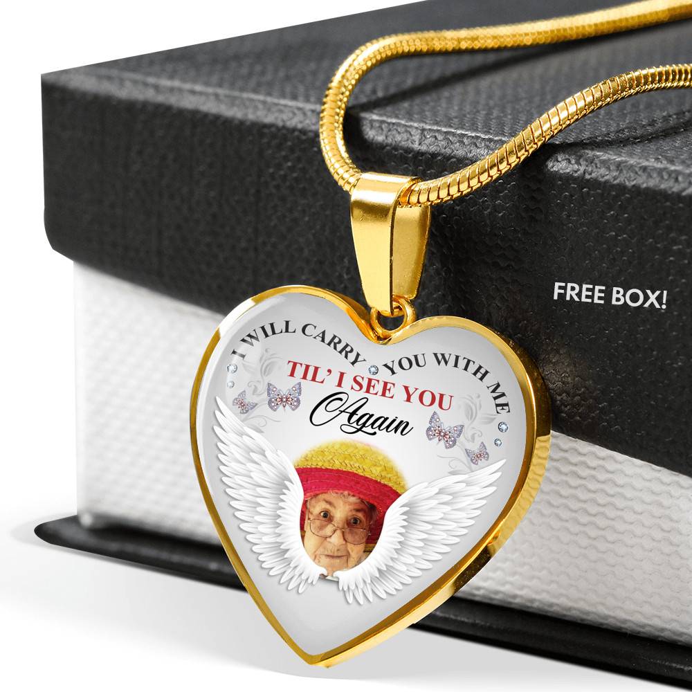 Personalized Photo I Will Carry You With Me Til' I See You Again Butterfly Memorial Luxury Heart Pendant Necklace - Heart Luxury Necklace (Gold Plated)