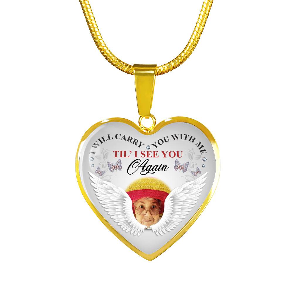 Personalized Photo I Will Carry You With Me Til' I See You Again Butterfly Memorial Luxury Heart Pendant Necklace - Heart Luxury Necklace (Gold Plated)