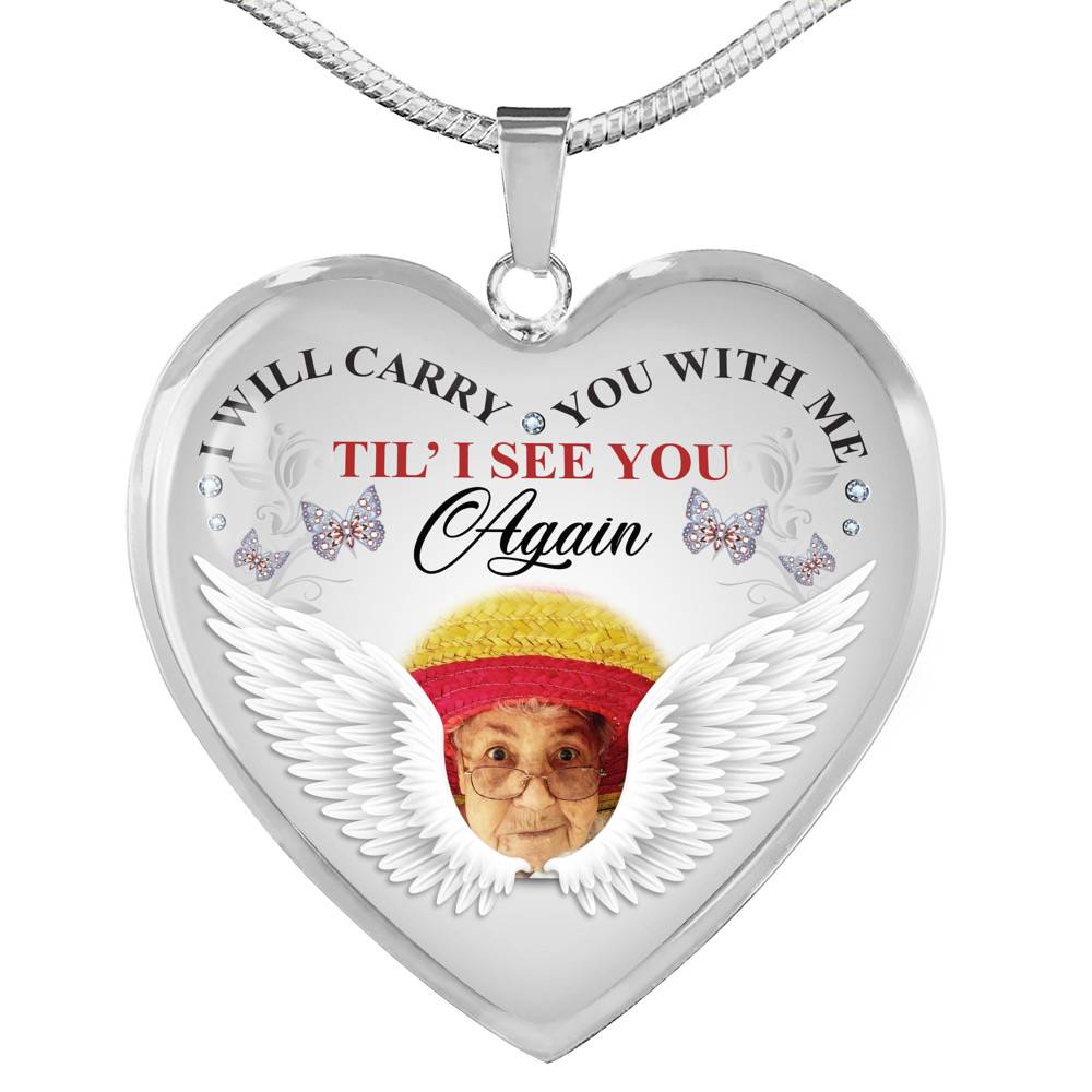 Personalized Photo I Will Carry You With Me Til' I See You Again Butterfly Memorial Luxury Heart Pendant Necklace - Heart Luxury Necklace (Silver)