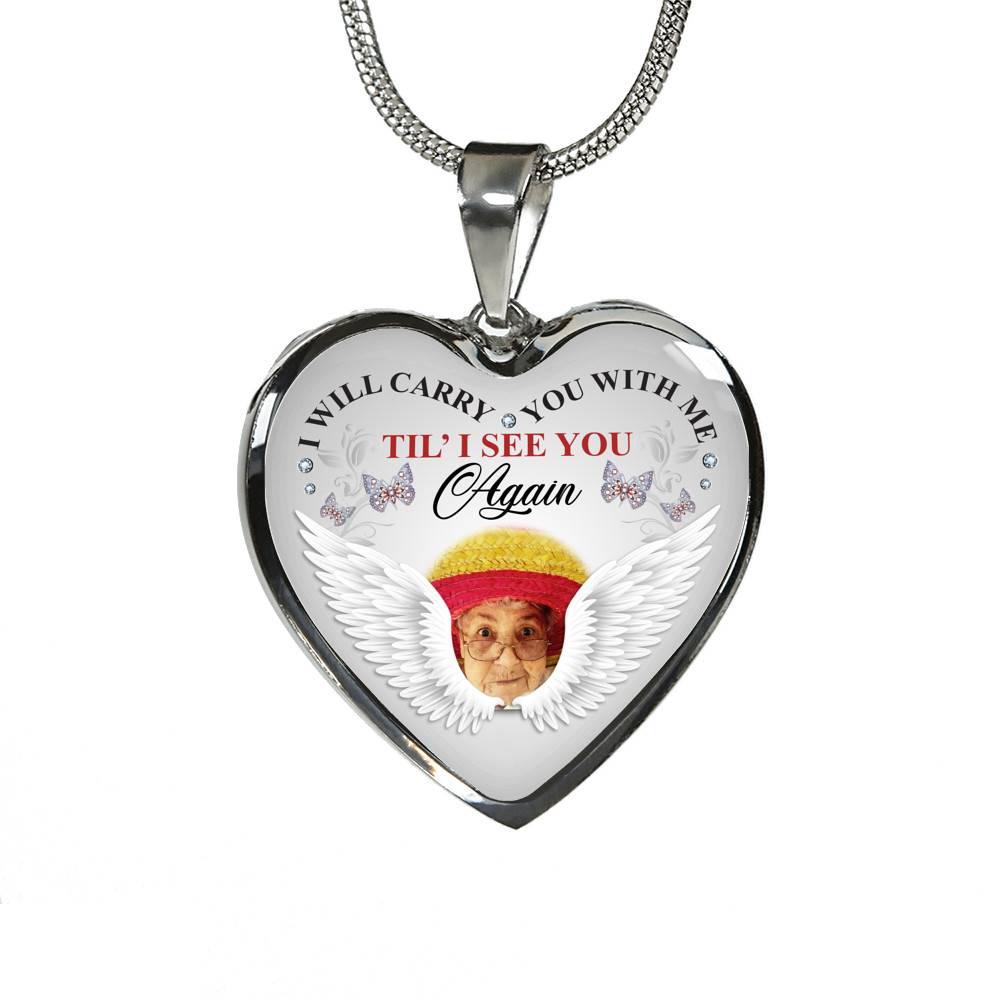 Personalized Photo I Will Carry You With Me Til' I See You Again Butterfly Memorial Luxury Heart Pendant Necklace - Heart Luxury Necklace (Silver)