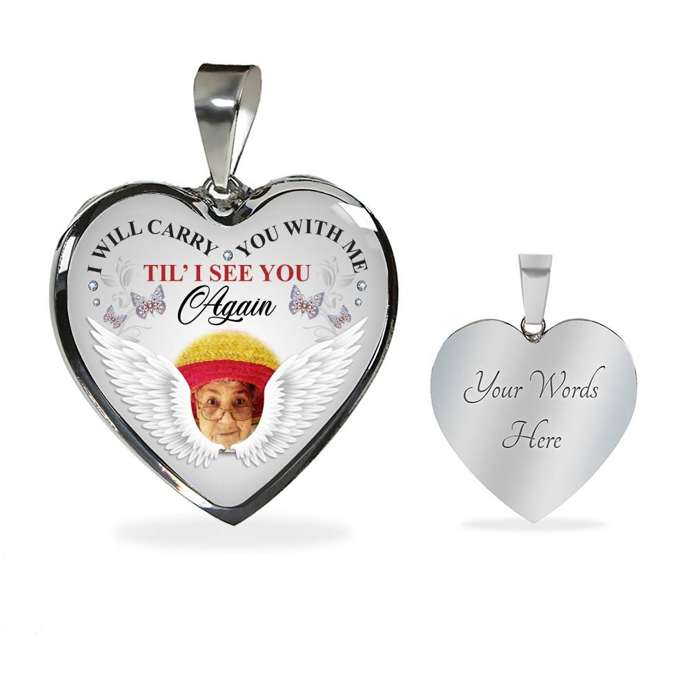Personalized Photo I Will Carry You With Me Til' I See You Again Butterfly Memorial Luxury Heart Pendant Necklace - Heart Luxury Necklace (Silver)