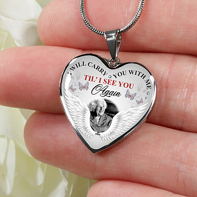 Alternative view of Personalized Photo I Will Carry You With Me Til' I See You Again Butterfly Memorial Luxury Heart Pendant Necklace