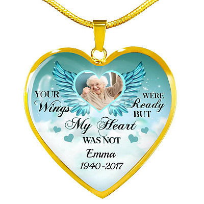 Personalized Photo Your Wings Were Ready But My Heart Was Not Memorial Luxury Heart Pendant Necklace - Heart Luxury Necklace (Gold Plated)