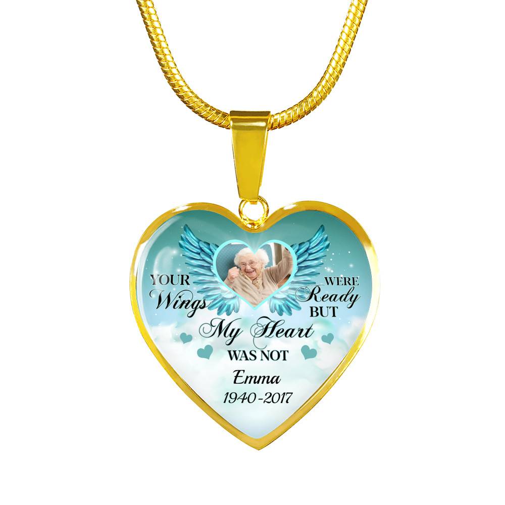 Personalized Photo Your Wings Were Ready But My Heart Was Not Memorial Luxury Heart Pendant Necklace - Heart Luxury Necklace (Gold Plated)