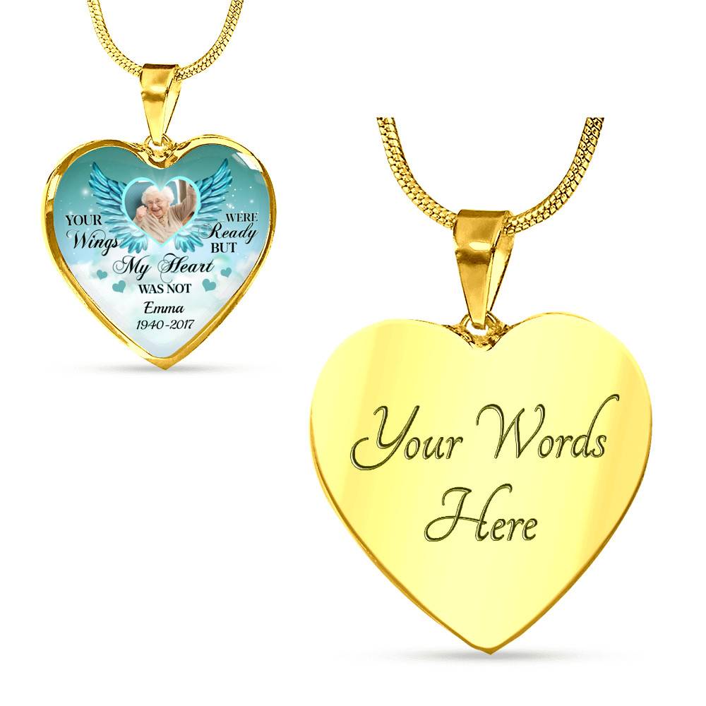 Personalized Photo Your Wings Were Ready But My Heart Was Not Memorial Luxury Heart Pendant Necklace - Heart Luxury Necklace (Gold Plated)
