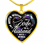 I'm Not a Widow I'm a Wife to a Husband with Wings Floral Heart Pendant Necklace - Heart Luxury Necklace (Gold Plated)
