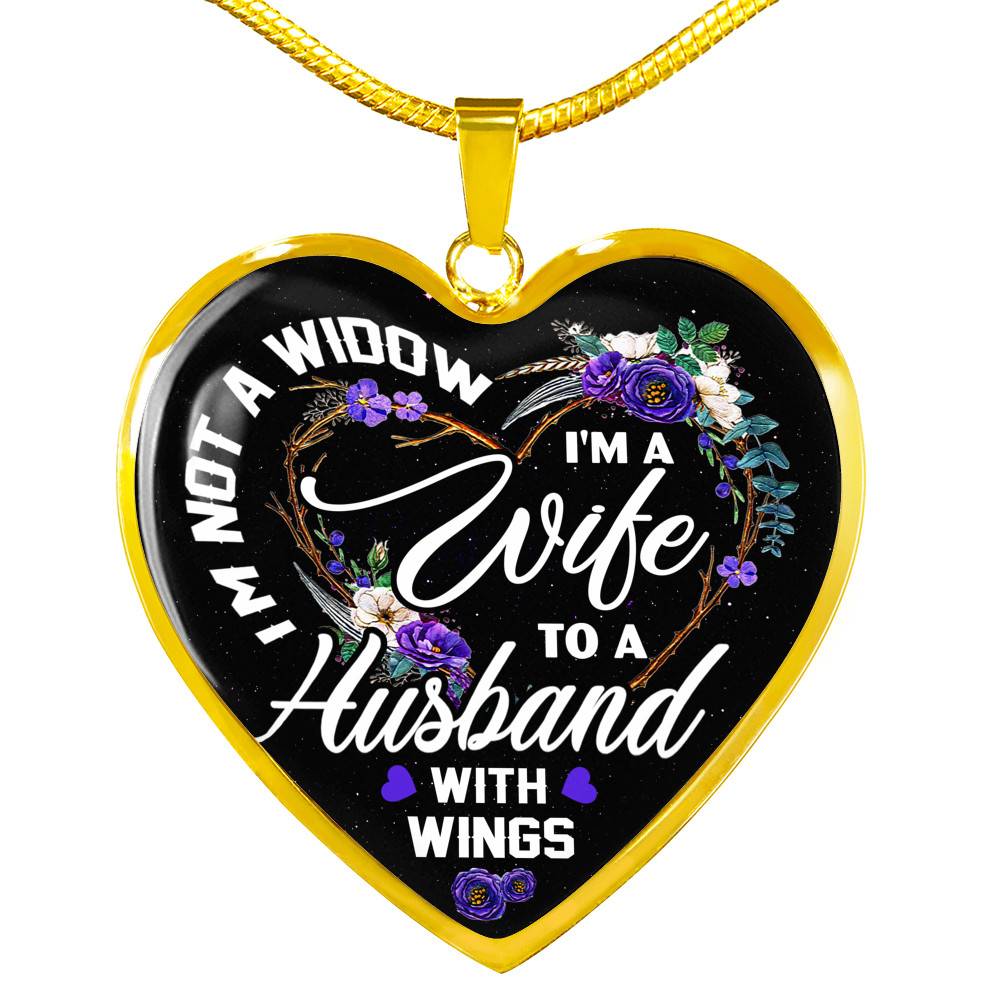 I'm Not a Widow I'm a Wife to a Husband with Wings Floral Heart Pendant Necklace - Heart Luxury Necklace (Gold Plated)