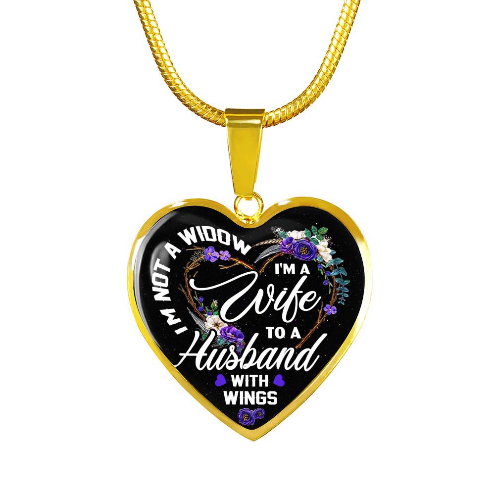 I'm Not a Widow I'm a Wife to a Husband with Wings Floral Heart Pendant Necklace - Heart Luxury Necklace (Gold Plated)