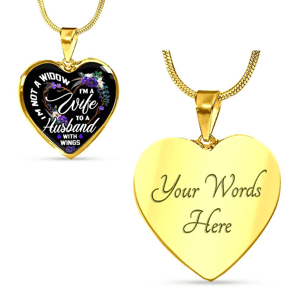 I'm Not a Widow I'm a Wife to a Husband with Wings Floral Heart Pendant Necklace - Heart Luxury Necklace (Gold Plated)