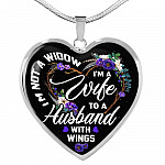 I'm Not a Widow I'm a Wife to a Husband with Wings Floral Heart Pendant Necklace - Heart Luxury Necklace (Silver)