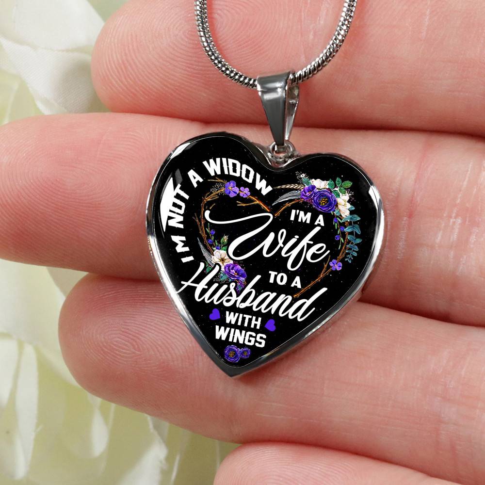 I'm Not a Widow I'm a Wife to a Husband with Wings Floral Heart Pendant Necklace - Heart Luxury Necklace (Silver)