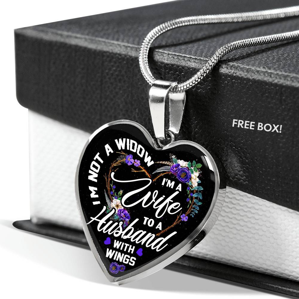 I'm Not a Widow I'm a Wife to a Husband with Wings Floral Heart Pendant Necklace - Heart Luxury Necklace (Silver)
