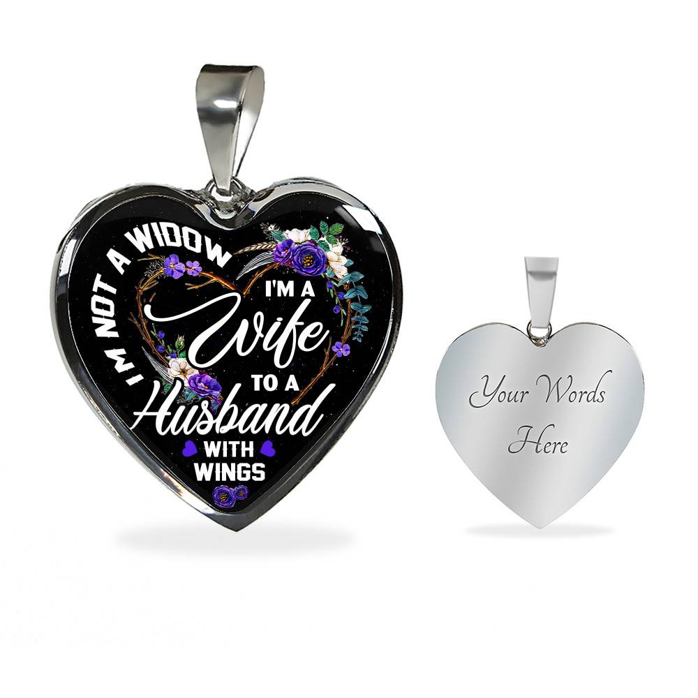 I'm Not a Widow I'm a Wife to a Husband with Wings Floral Heart Pendant Necklace - Heart Luxury Necklace (Silver)