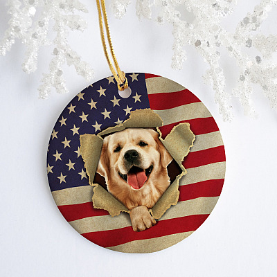 Alternative view of 4th of July Golden Retriever Dog in American Flag Decorative Independence Day - Holiday Flat Circle Ornament