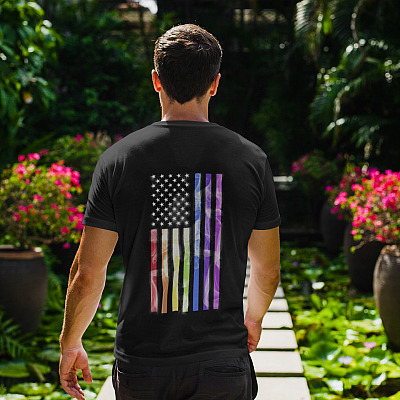 Alternative view of Pride LGBT Rainbow American Flag Print on Back Plain Front T-Shirt - Equality Support LGBTQ Gifts Shirt