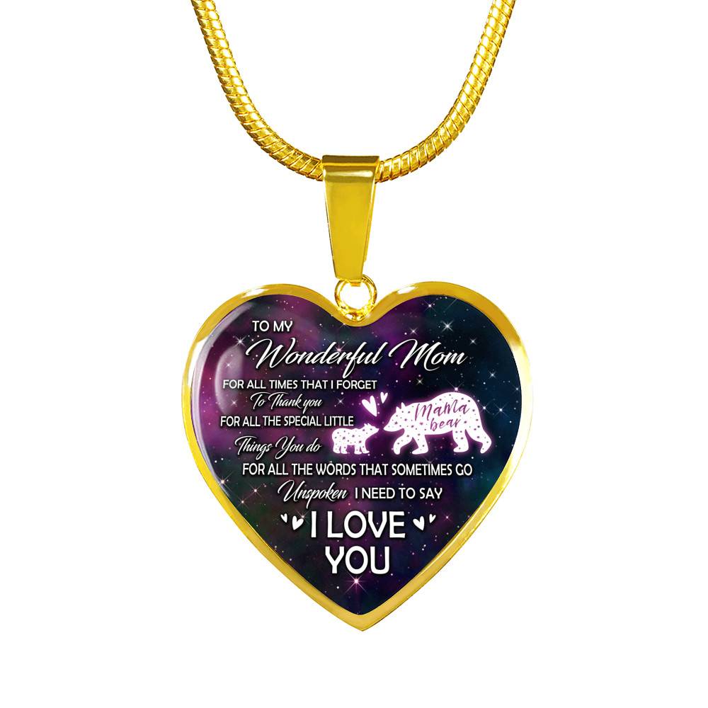 To My Wonderful Mom For All The Times I Forget To Thank You Mama Bear and Baby Heart Pendant Necklace