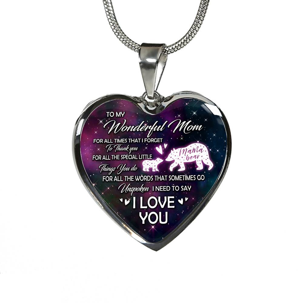 To My Wonderful Mom For All The Times I Forget To Thank You Mama Bear and Baby Heart Pendant Necklace