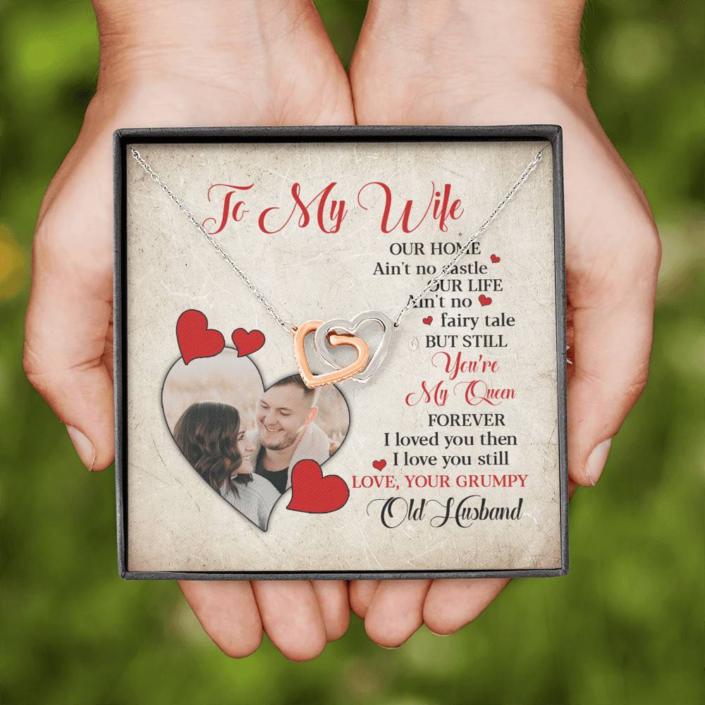 Personalized Photo to My Wife Our Home Ain't No Castle Our Life You're My Queen Joined Interlocking Hearts Necklace