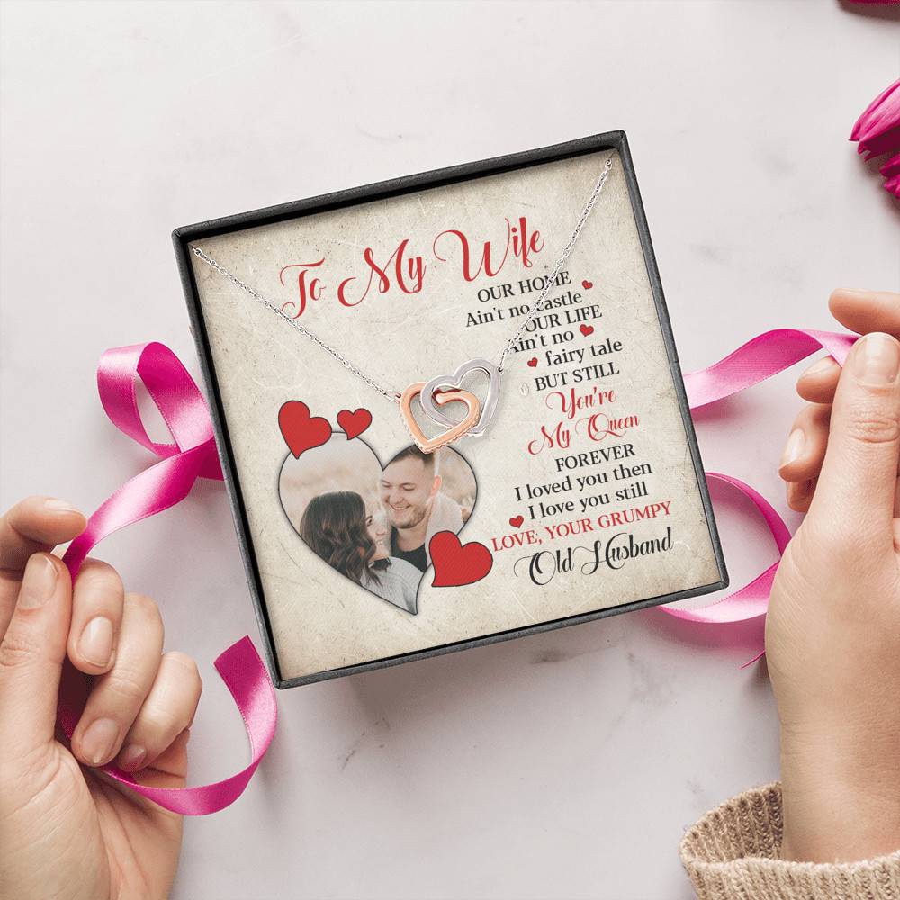 Personalized Photo to My Wife Our Home Ain't No Castle Our Life You're My Queen Joined Interlocking Hearts Necklace