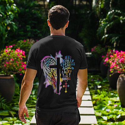 Alternative view of Way Maker Miracle Worker Promise Keeper Light In The Darkness Shirt Print On Back - Jesus Shirt