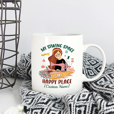 Alternative view of Personalized Sewing Space Is My Happy Place Coffee Mug  - Gift for Sewing Lover Travel Bottle