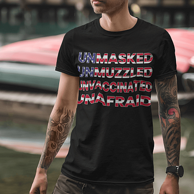Alternative view of Unmasked Unmuzzled Unvaccinated Unafraid American Flag Shirt - Pro American Gifts Shirt