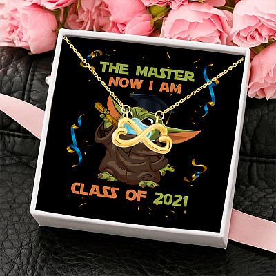 Alternative view of The Master Now I Am Baby Yoda Wearing Mask Graduation 2021 Infinity Heart Pendant Necklace