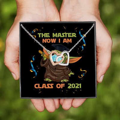 The Master Now I Am Baby Yoda Wearing Mask Graduation 2021 Interlocking Hearts Pendant Necklace