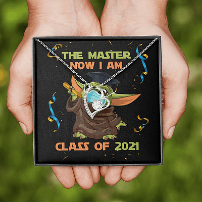 The Master Now I Am Baby Yoda Wearing Mask Graduation 2021 Interlocking Hearts Pendant Necklace