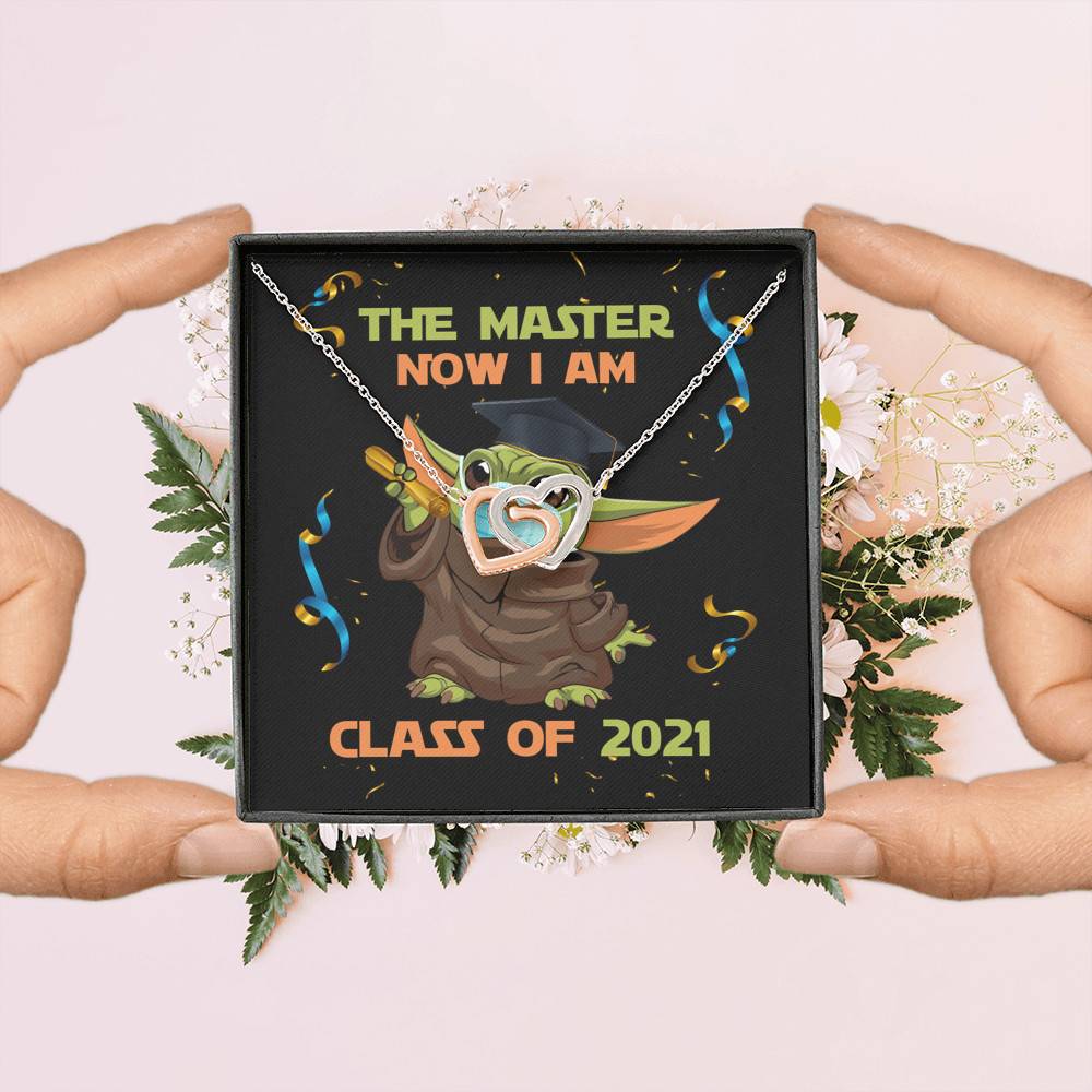 The Master Now I Am Baby Yoda Wearing Mask Graduation 2021 Interlocking Hearts Pendant Necklace