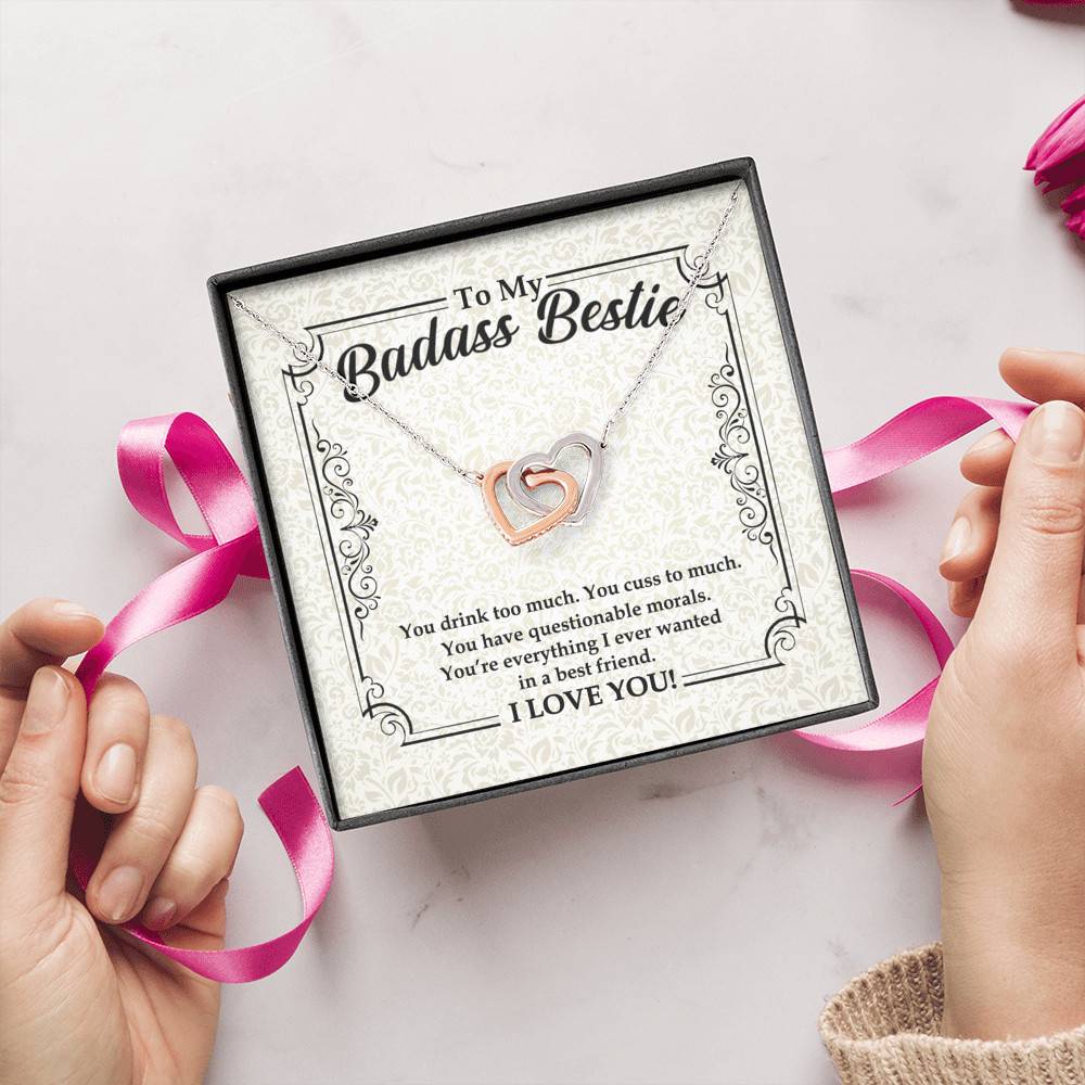 To My Badass Bestie You Drink You Cuss Too Much You're Everything I Want Funny Interlocking Hearts Necklace